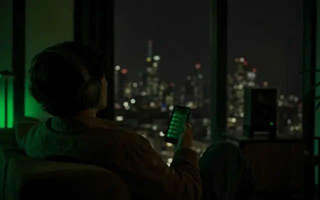 Premium Spotify-style night listening scene with headphones, phone glow, and green-black ambience without readable text.