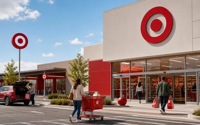 Photorealistic Target storefront with red bullseye signage, red cart, and retail entrance recognition.