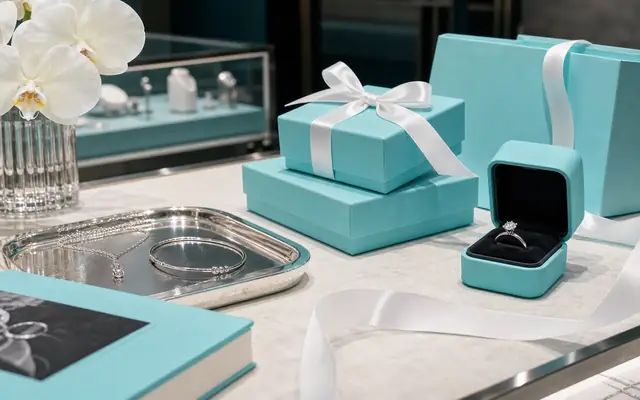Photorealistic Tiffany Blue boxes, white ribbon, jewelry, and retail display proof.