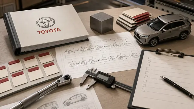 Photorealistic Toyota quality desk with a large visible Toyota wordmark, generic vehicle model, inspection calipers, process forms, and quality-governance artifacts.