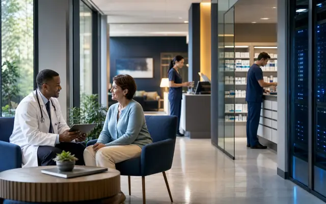 A clinician and patient in an integrated care environment connecting consultation, pharmacy service and secure health infrastructure.