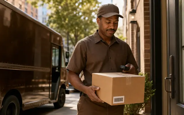 Photorealistic brown delivery handoff with parcel, scanner, truck, and street-level service proof.