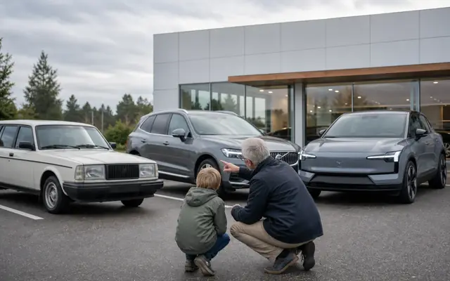 Story-led Volvo dealer-lot scene with a grandfather explaining older and newer Volvo models to a child, connecting family safety memory with current vehicle design.
